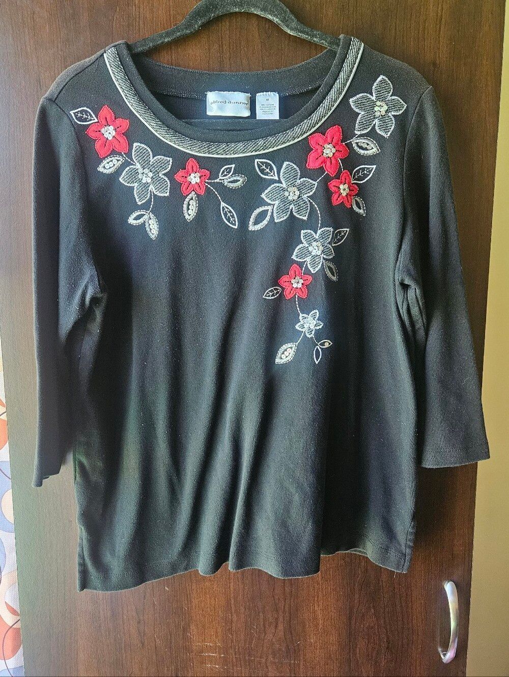 Alfred Dunner Black Long-Sleeve Top with Red & Gray Floral Embroidery Size M